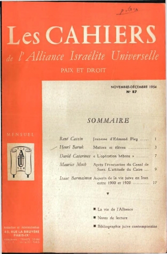 Les Cahiers de l'Alliance Israélite Universelle (Paix et Droit).  N°087 (01 nov. 1954)